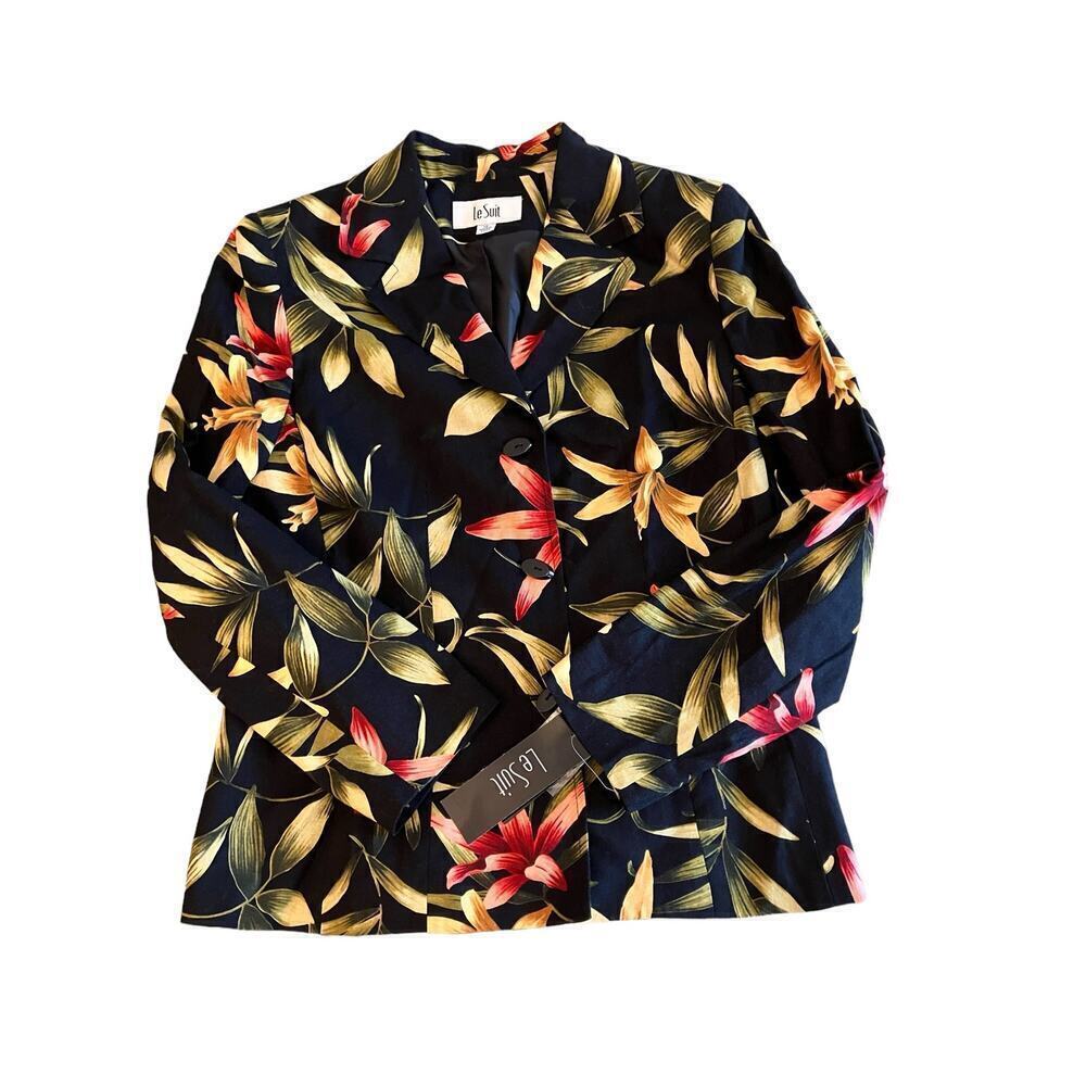 NWT Le Suit Black Tropical Floral Linen Blend Blazer Jacket Size 10